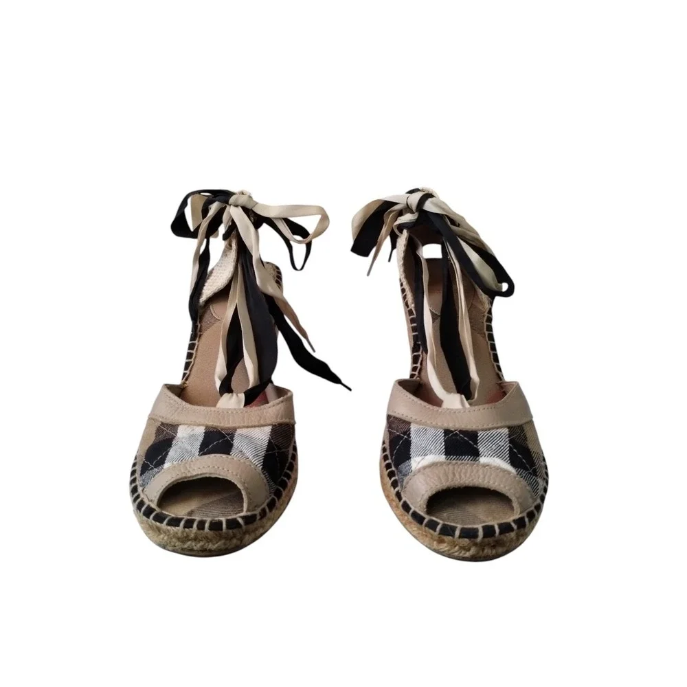 Burberry Mews Ankle Wrap Espadrille Wedges Iconic Plaid Pattern Womens 9